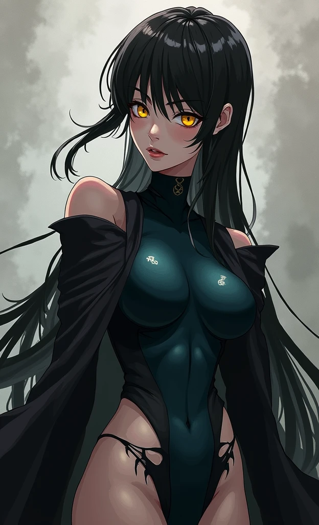 Anime version of JUJUTSU NO KAIZEN, A white woman, with a good figure, long black hair with thin white strands in the hair, bright yellow eyes, a very revealing blue-black fall and a short blue-black skirt ONE PERSON