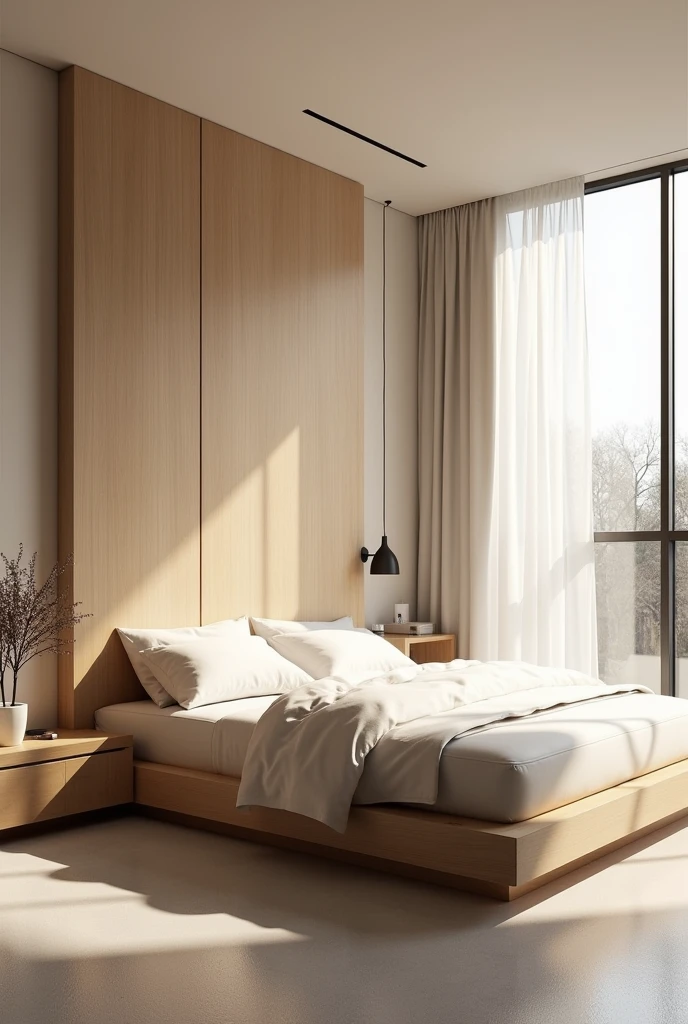 Modern youth room ,box bed s, super realistic render vray, minimalist washer , 2x2 glass window , wide perspective , lateral view , matte floor , natural freijo wood headboard panel , luxury, Cinematic Soft Vray, high quality rendering, render vray, Smooth, studio-quality rendering, vray 8k rendering, very realistic 3D rendering, render in vray, very realistic render