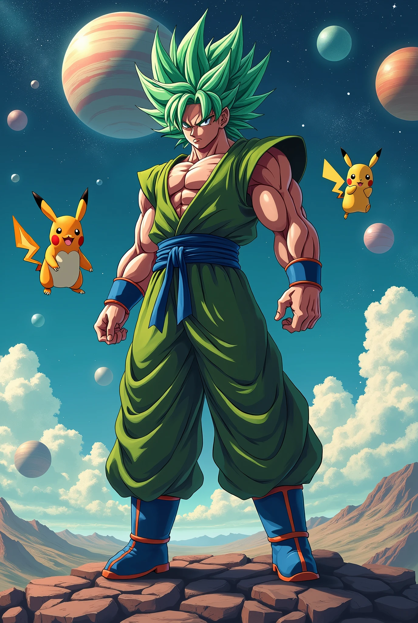 Create a picture of the character Broly from dragonball, he is said to have green hair.the character should look real. The background should be a universe with planets, these should be in anime style. In the background there should be different Pokemon flying that look real. The image should have a calming and mysterious effect