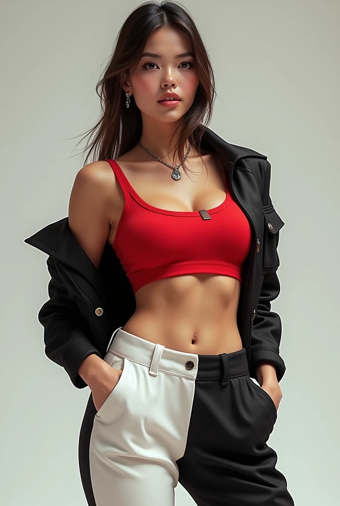 Create an image of a person wearing a red crop top, Black short jacket and white and black pants
