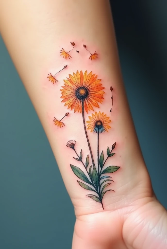 A dandelion flower tattoo, with fine and realistic details, starting on the wrist. Some petals of the flower are delicately detached, floating away as if carried by the wind towards the hand. The entire composition is rendered in a watercolor style, with bright and shaded colors. The colors should be bright. The design should symbolize the deep bond between father and daughter.