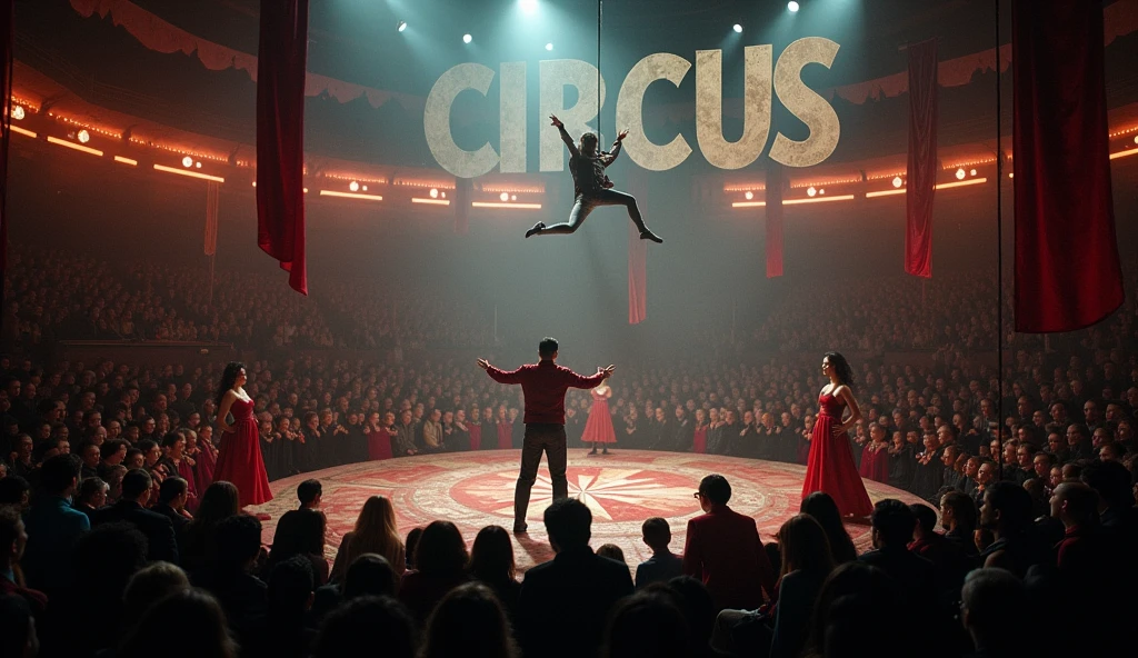 design dark cinematic circus pic  with huge crowd of people, acrobats and circus written in above camp with subtitle heading 'a journey through time' 