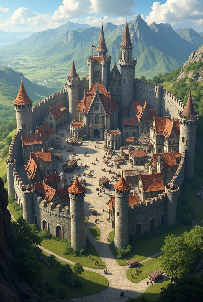 Large size Medieval fantasy town, a wall around it. 