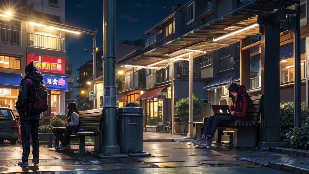 A hacker sits on a park bench at night, com um laptop no colo, hacking into Wi-Fi networks while watching the hustle and bustle of quiet streets.
