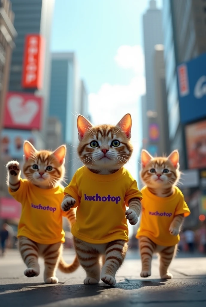 Several cats with yellow t-shirt and purple letters kuchotop in the middle of the city with buildings