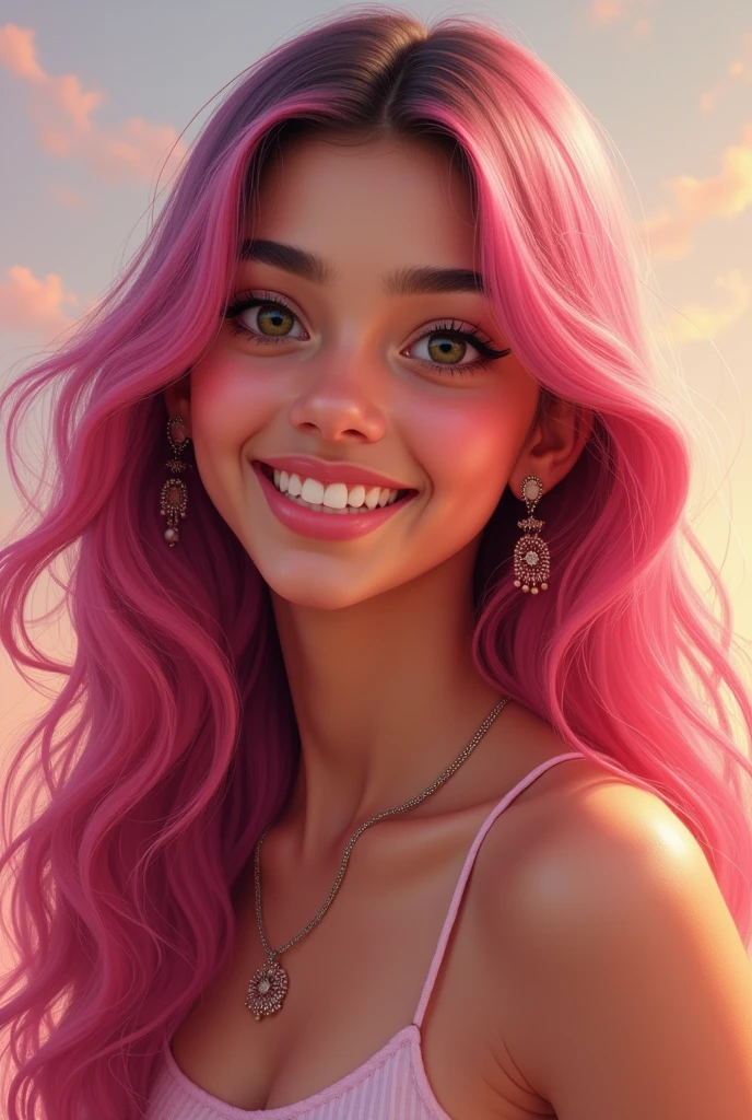 a pink haired Indian teenage girl with dark green eyes smiling