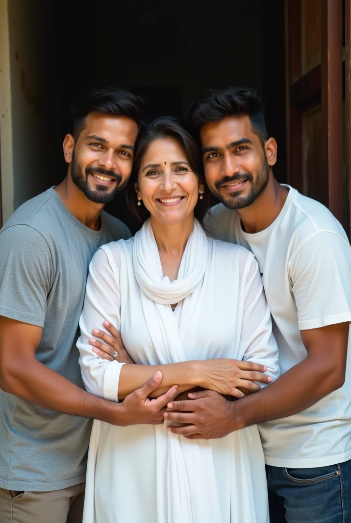 make a 2 men photo with his mother for facebook photo. good looking guy with short beard. skin colour asian fair. face look is Bangladeshi. realistic photo. natural look. background will be a middle class village home. Hugging his mother. Both smiling and looking at camera. wearing casual tshirt and trouser. Couple photo with mother. Mom is 50 years old Bangladeshi muslim women. Brown black hair. Muslim look. Wearing white sari. Make total 10 pieces of the same persons photo.