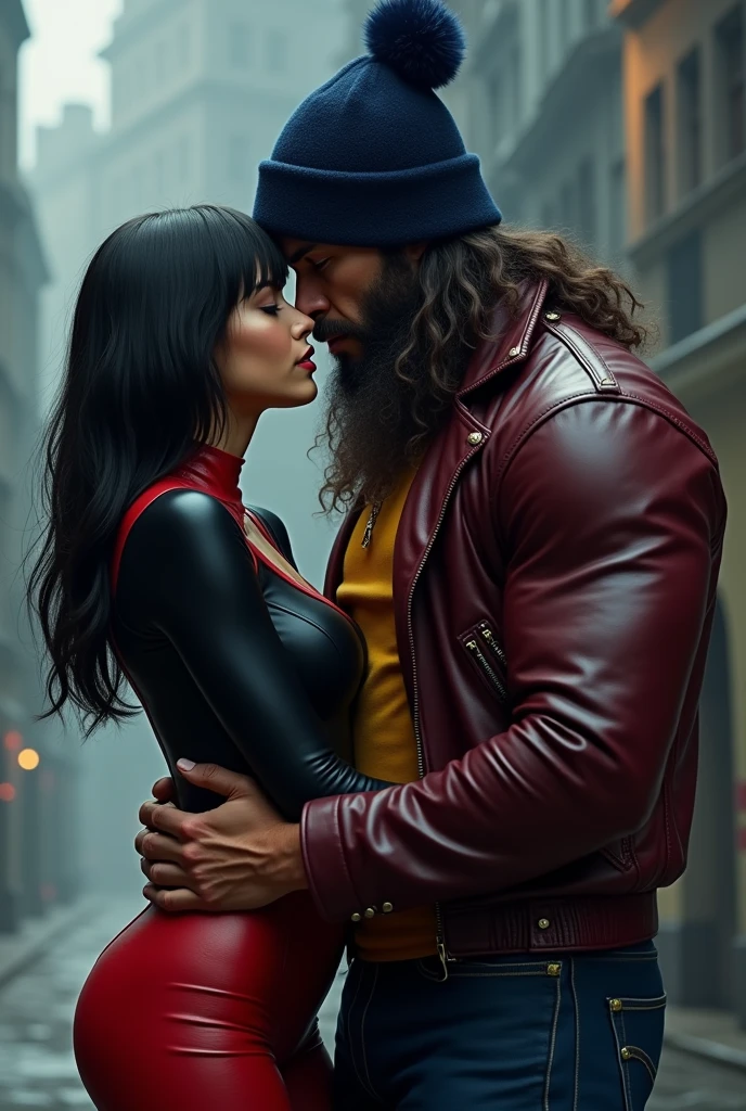 Create an image where a short, slim girl with wide hips dressed in a black and red leather jumpsuit has black straight hair to her shoulders, is kissing a boy who is wearing a winter hat without a pompom, is much taller and muscular, dressed in a leather outfit in the colors of burgundy, blue and yellow, and the hat should be dark blue and his hair should reach his chest.. 
The girl has shoulder-length hair and the boy
