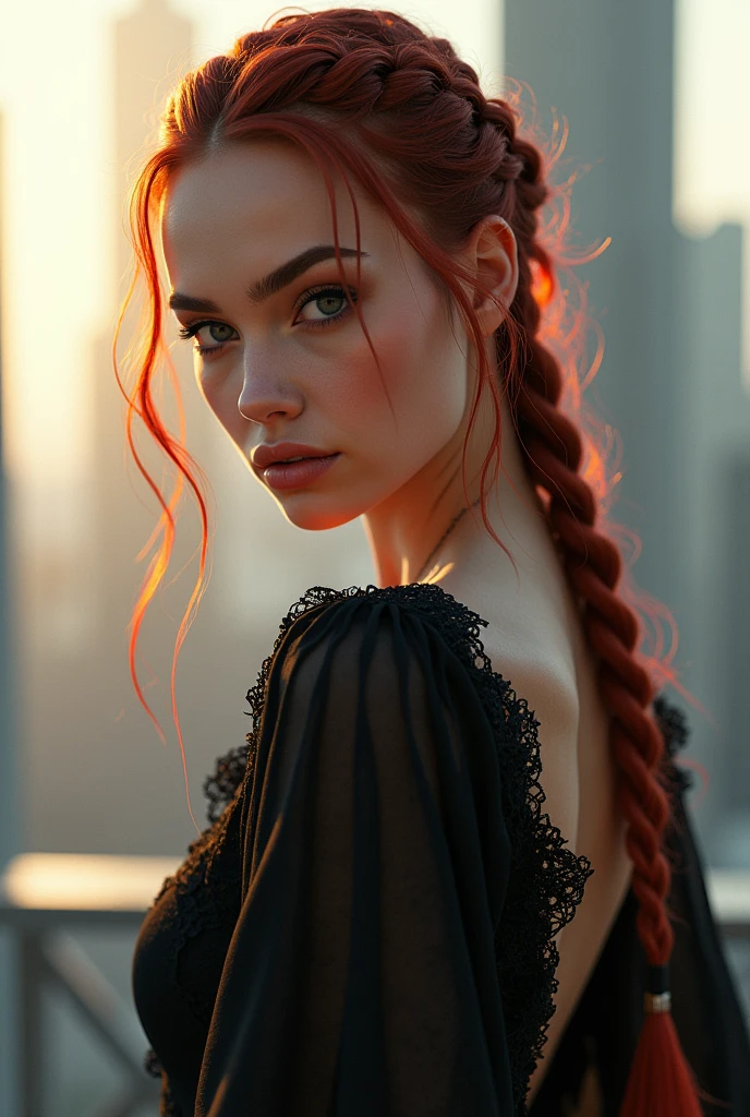 Hailee steinfeld,Extreme Closeup,young woman,white invisible background,young Caucasian woman standing on rooftop below towering futuristic lattice buildings,Smokey eyes ,black embroidered dress,thigh leaning forwards,looks like joi ,beautiful makeup,skin imperfections,sensual, sunset,braided red hair ,makeup,bokeh, looks like joi from blade runner,looks like ana de armas,stylish hair ,ultra HD,intricate details,3d render,hyper maximalist,light pouring in window, Premium, Superior, Professional, Flawless, Exquisite, High- end, Photorealistic, Textured, Impressive, Hyperrealistic, High- resolution, Lifelike, Masterpiece, High dynamic range (HDR), PBR (Physically Based Rendering), Post- processing effects, Dynamic composition, Ray tracing, Ultra detailed, High quality, Sharp focus, Translucency, Naturalistic, Organic textures, Highly detailed, Details, Full HD, Depth of field, Realistic lighting