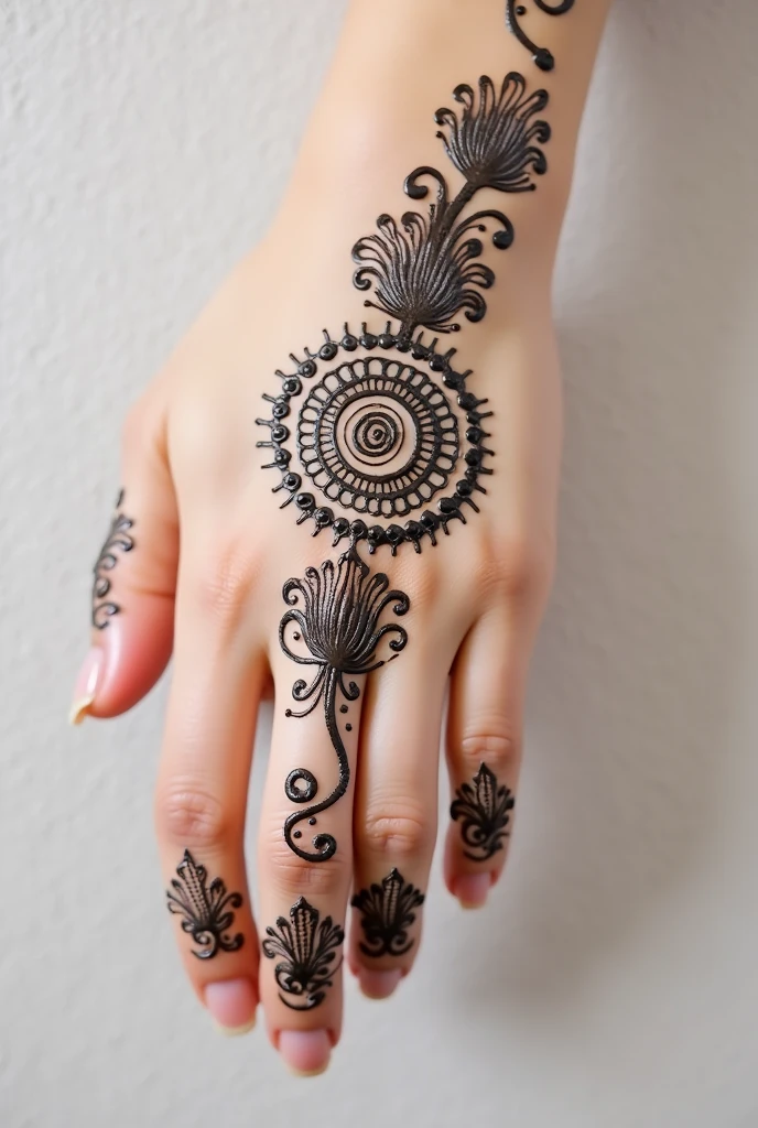 generate Gol Tikki mehndi design on beautiful hand