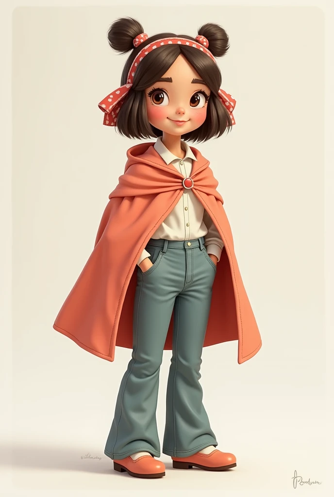 A preppy ??? costume for girls aged 6 year that includes boot cut flared pants with a cape reaching waist. The cape is round and front closed