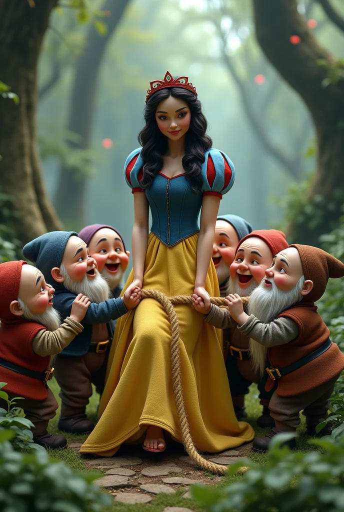 7 Dwarfs ties snow white by her feet