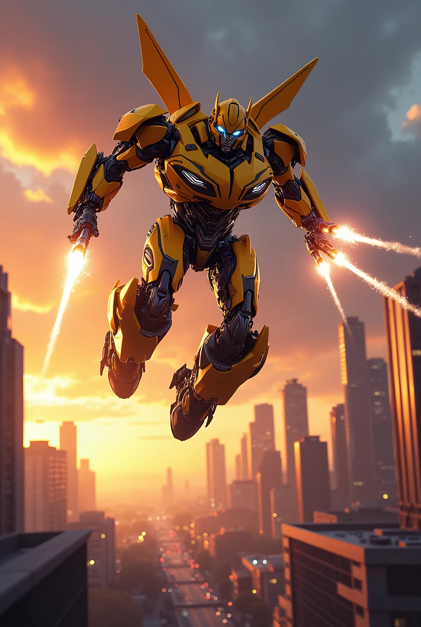 Transformers bumblebee jumping lying down shooting , with buildings and sunset in the background