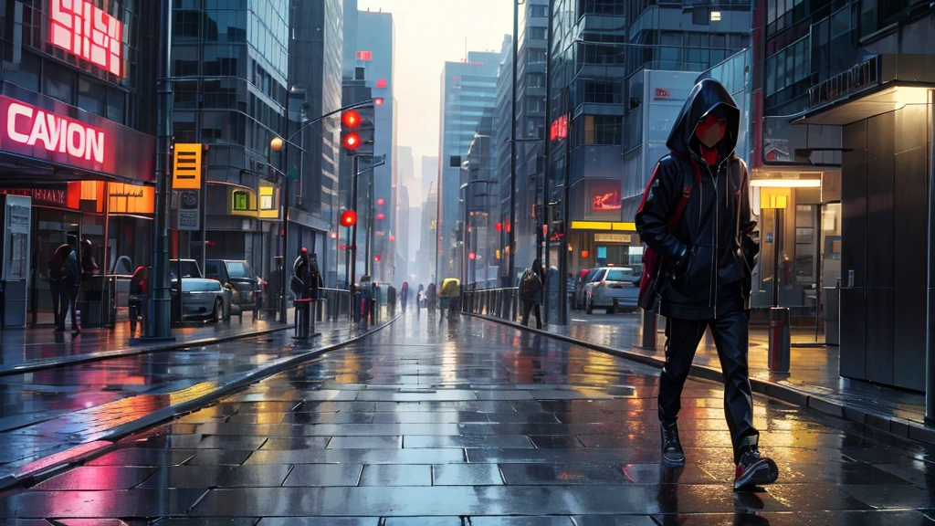 A hacker walks through the wet streets of a big city, wearing a hood to protect himself from the rain, with a laptop in a backpack. He finds a covered place to hack public Wi-Fi.