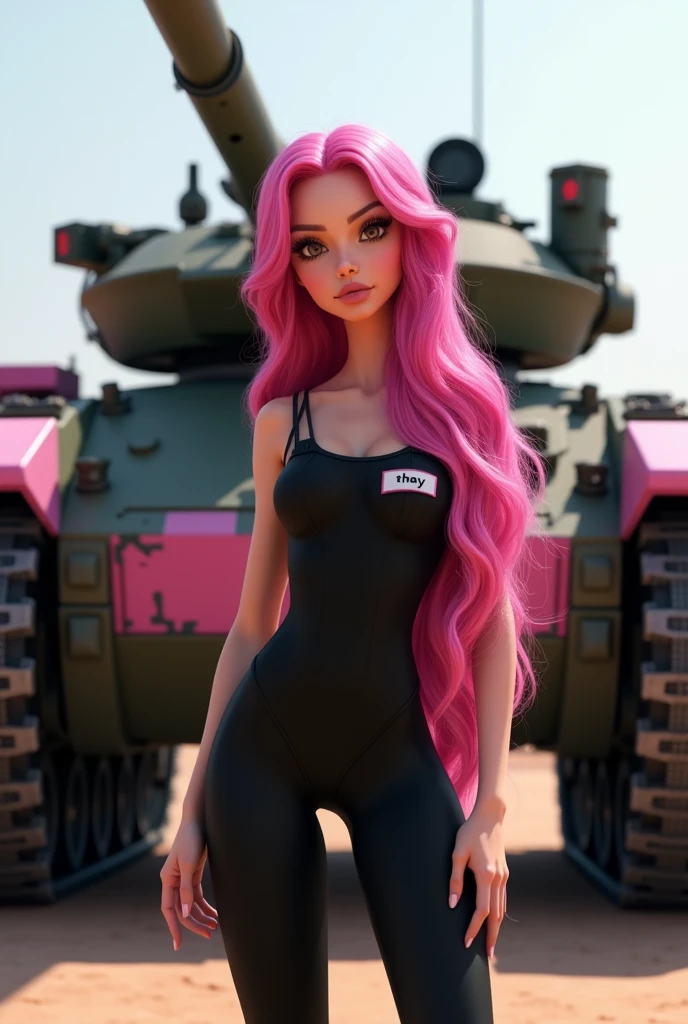 Creates the image of a woman with extraordinary beauty, She has long, bright pink, flowing hair, is standing in front of a battle tank with tracked wheels and some pink details, has dark eyes and a slightly fleshy mouth. She wears a long, tight-fitting black jumpsuit., the jumpsuit has a label with your name written “THAY” on the left chest. high resolution, ultra HD, 品質, high qualiy, High details, disney pixar model image. The war tank