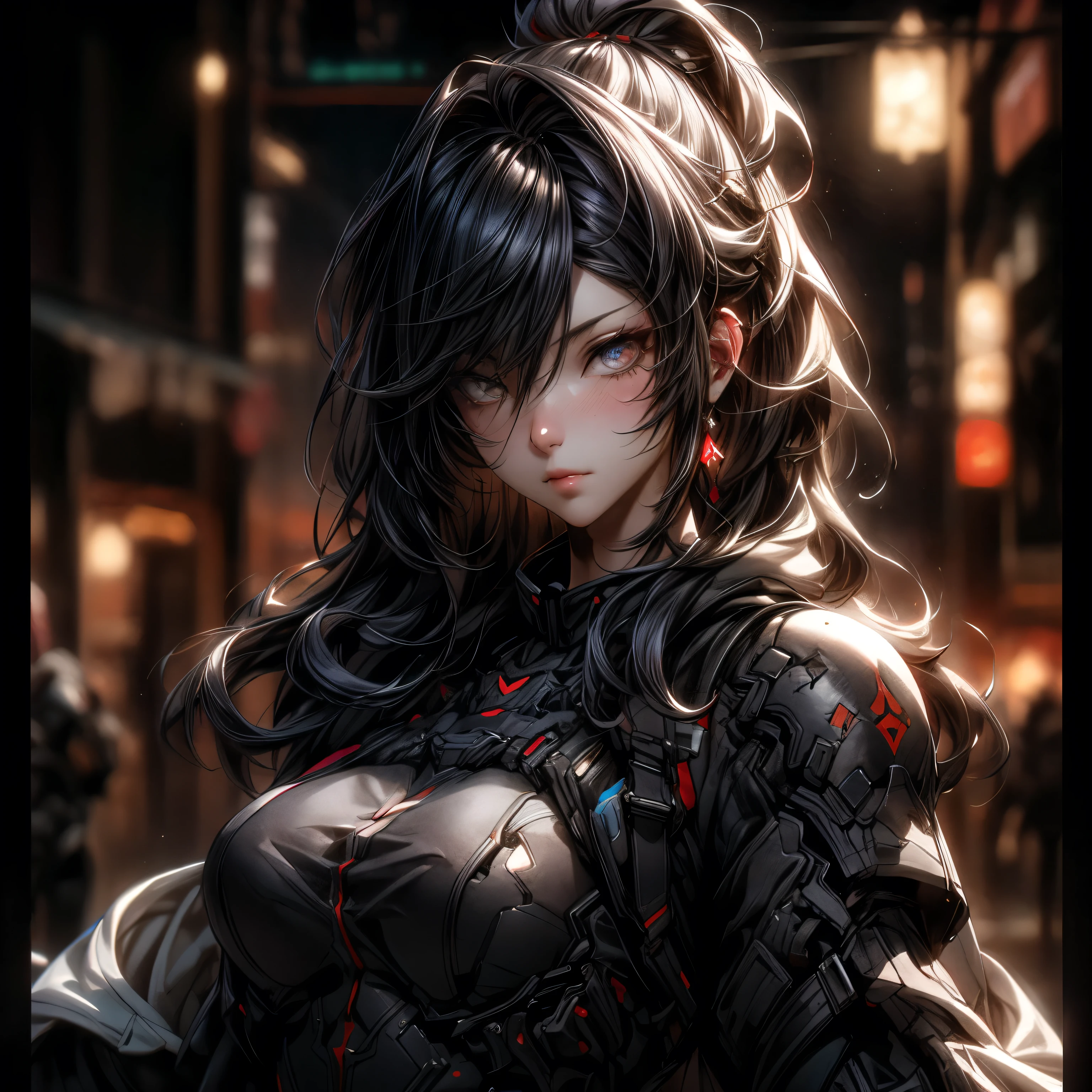 (best quality)), ((Masterpiece)), (details:1.4), 3d, HDR (high dynamic range), an image of a beautiful cyberpunk female, Cyberpunk, Fantasy, Coffee hair, Long hair, Beautiful White eyes, จมูกโด่ง, ปากแดง, หน้าอกใหญ่, nvidia RTX, PBR surface, After processing, Anisotropic filtration,depth of field, Maximum clarity and clarity, multi-layered surface, Subsurface scattering, perfect proportions, 8K raw files, ultra detailed, Perfect proportions, volumetric lighting, soft lighting, Holy Paladin, Heavy Black Armor, Red dress, glossy skin, intricate Silver embroidery, Army background, jewely, ต่างหู, นิ้วมือสมบูรณ์, Mask