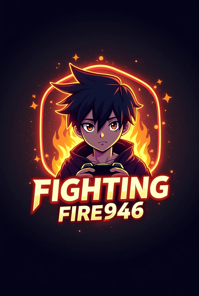 This is a gaming logo that features the name "fightingFire946" in a futuristic font and a neon Golden white. and Boy Anime avtar, The logo also has a stylized controller icon. The logo is designed to be attractive and eye-catching, and to appeal to gaming enthusiasts and