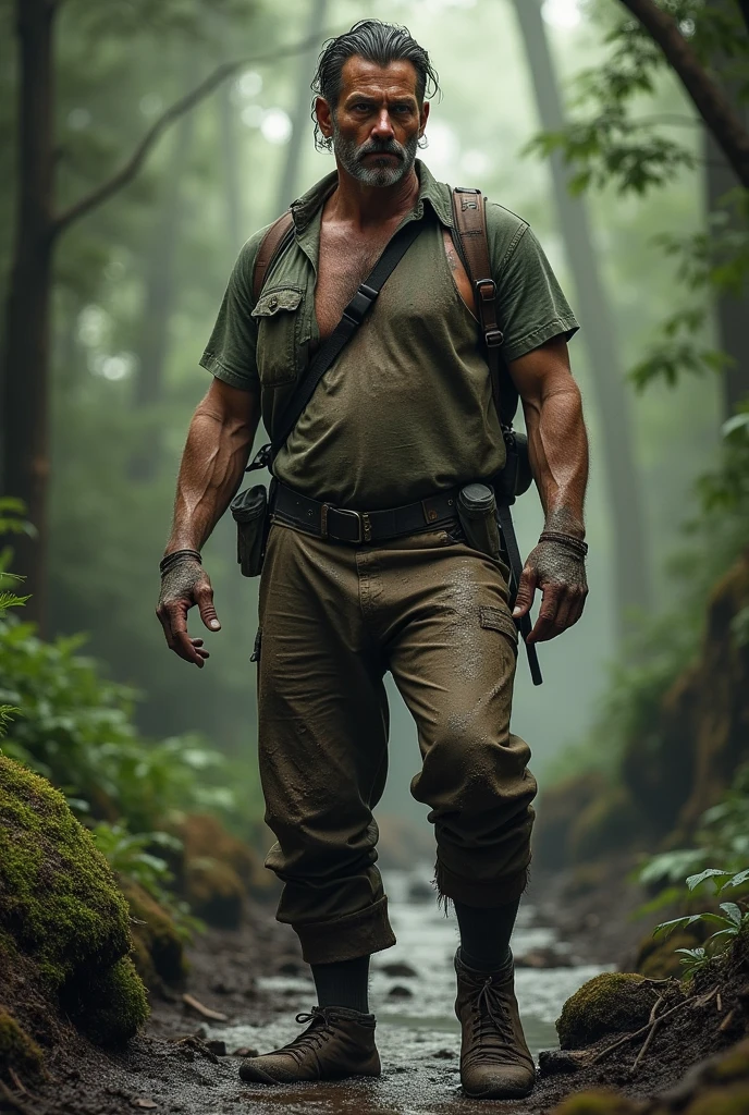 Create a man with muddy legs.
