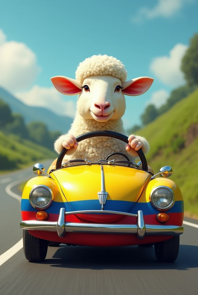 A sheep driving a car with the colors of the Ecuadorian flag