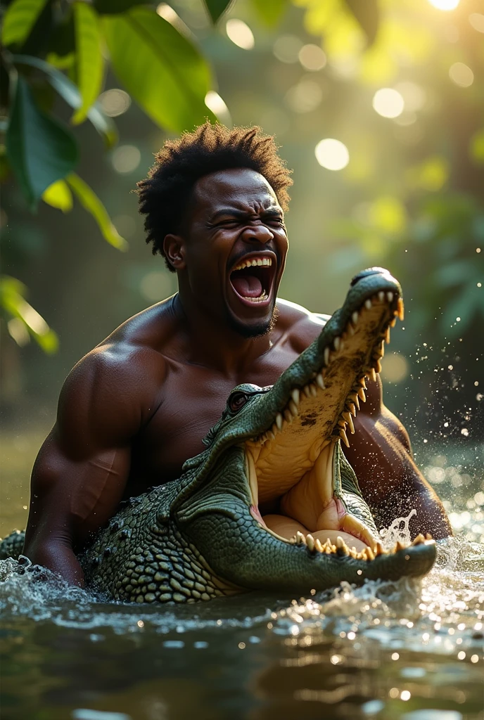 We need such an image in which a crocodile has taken the human body in its mouth and that person is screaming loudly for help highlighted sunlight man must be a black young man