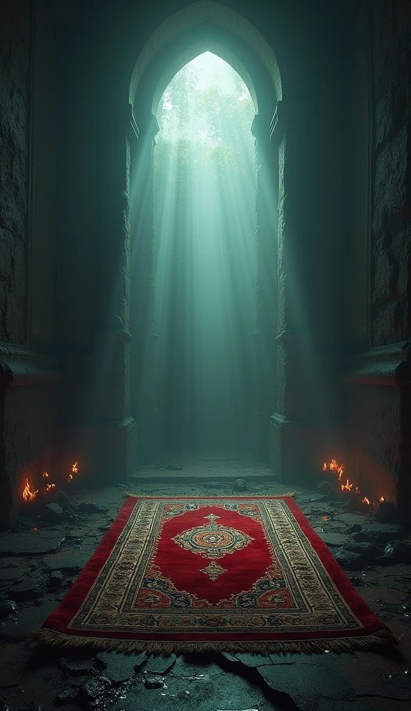 Scary room with a Muslim prayer rug, bloody, red. Black fire scary damage, Ultra-high-resolution display, mysterious, Mixing, optical illusion, glowing light, Rays of God,