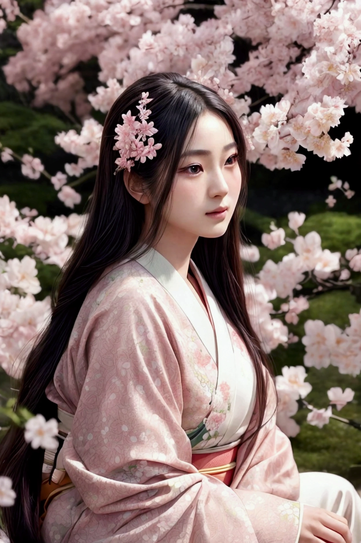 a beautiful young japanese woman, detailed face, beautiful eyes, detailed lips, long eyelashes, beautiful flowing hair, elegant japanese kimono, intricate floral patterns, serene expression, sitting in a lush garden, pink sakura blossoms, warm natural lighting, (best quality,4k,8k,highres,masterpiece:1.2),ultra-detailed,(realistic,photorealistic,photo-realistic:1.37),portrait,intricate detail,delicate colors,soft focus