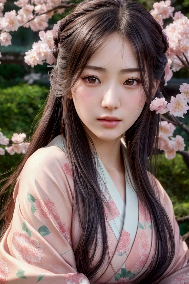 a beautiful young japanese woman, detailed face, beautiful eyes, detailed lips, long eyelashes, beautiful flowing hair, elegant japanese kimono, intricate floral patterns, serene expression, sitting in a lush garden, pink sakura blossoms, warm natural lighting, (best quality,4k,8k,highres,masterpiece:1.2),ultra-detailed,(realistic,photorealistic,photo-realistic:1.37),portrait,intricate detail,delicate colors,soft focus