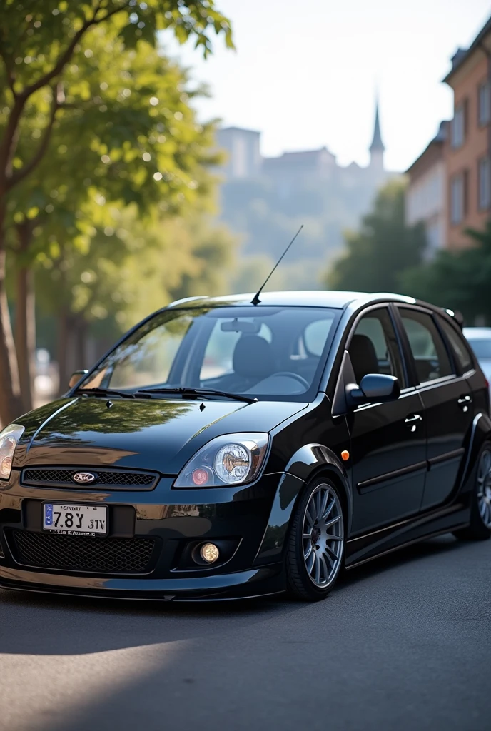 Make a 2007 model fiesta sedan with body kit, Make it realistic, image at an angle that shows as much of the car as possible