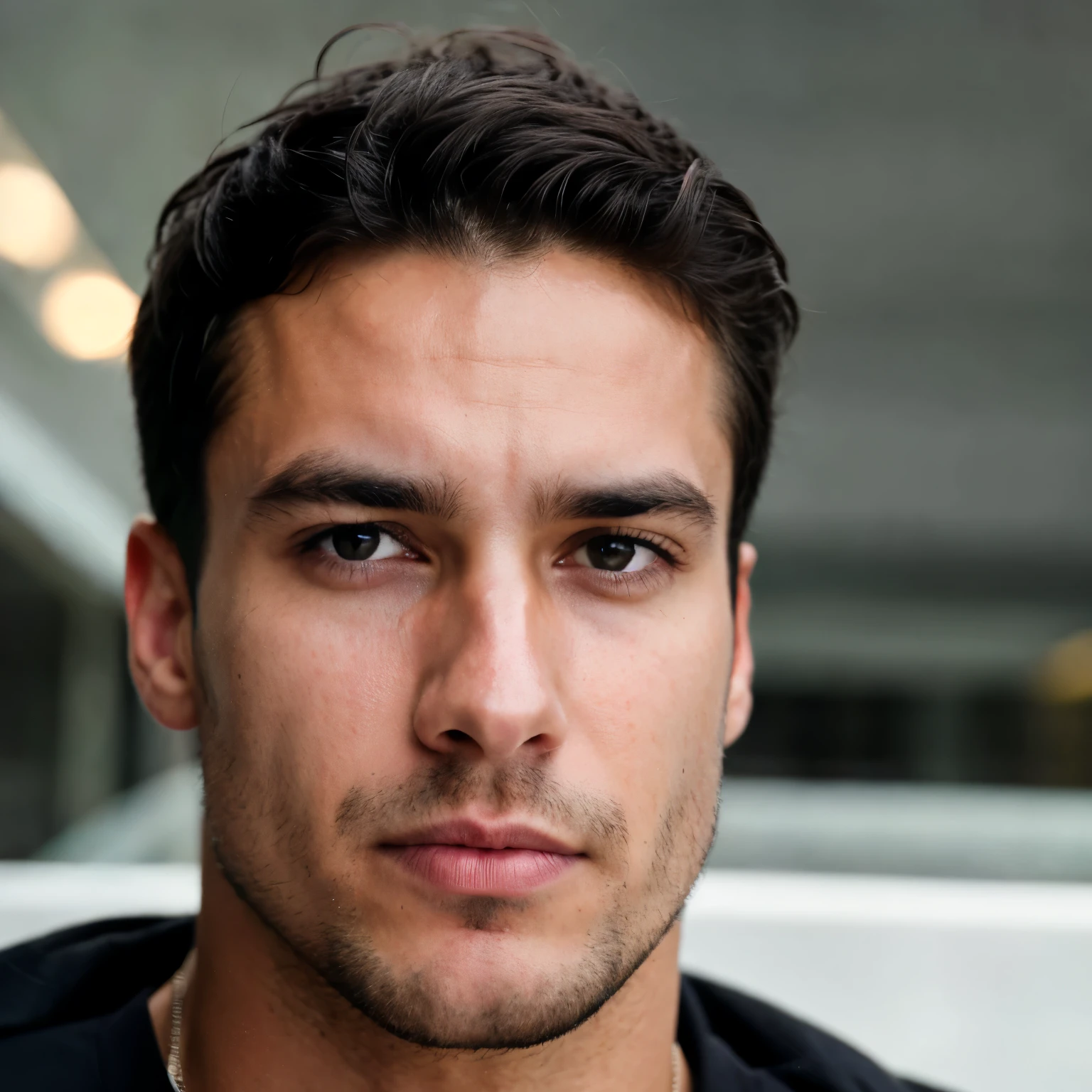 Create an ultra-realistic image of a man around 2, staring at the screen with an intense and thoughtful expression. The image should focus on facial details, including clear, bright eyes, a subtle smile, and well-defined facial features. The man has fair skin, short black hair, and a clean-shaven look. Every detail, from the texture of his skin to the light reflections in his eyes, should be crisp and lifelike. The background should be out of focus, enhancing the realism of his face and expression.