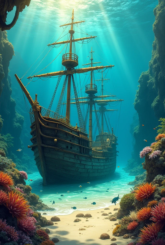 Old Spanish galleon ship sunken on the beach with reef and coral rocks on a sunny day