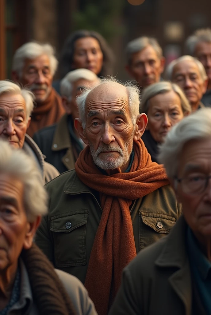 Generate an image of 30 elderly people gathered together with the same focus