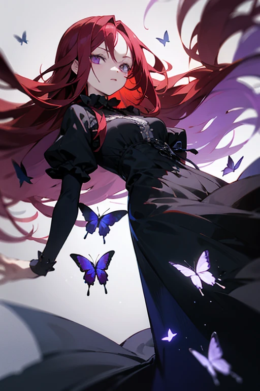 Long red hair, purple eyes, butterflies, gothic dress, darkness