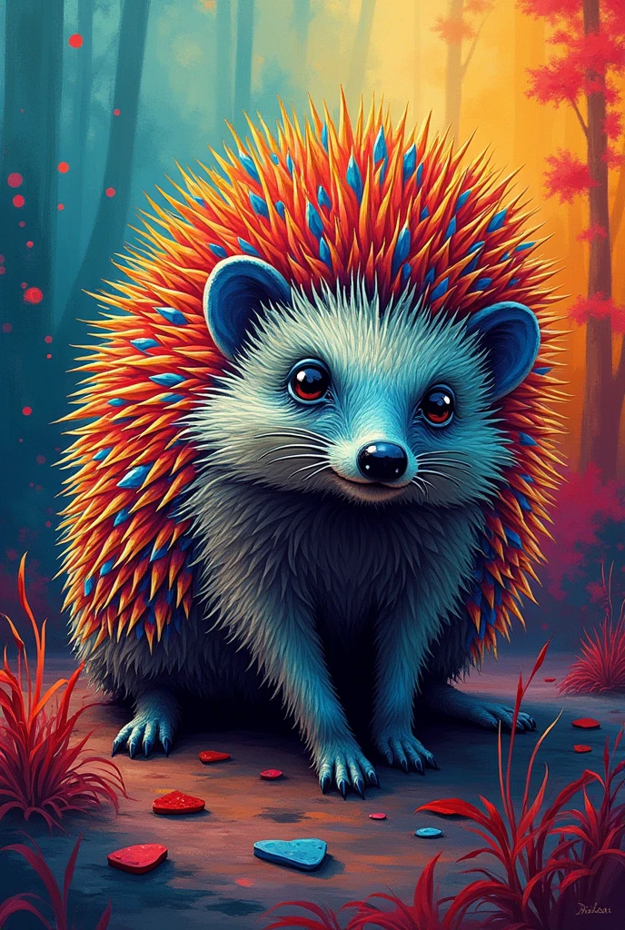 Picture of a hedgehog, abstract with many colors, that looks aesthetically beautiful enough to put in a painting, that is not hyper realistic or animated