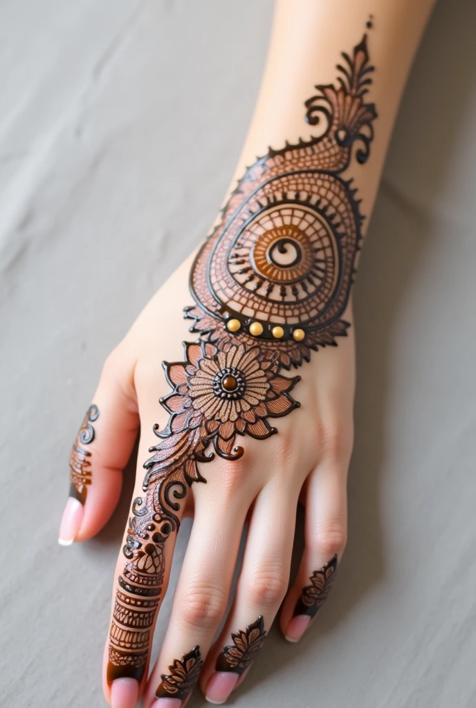 generate Gol Tikki mehndi design on beautiful hand