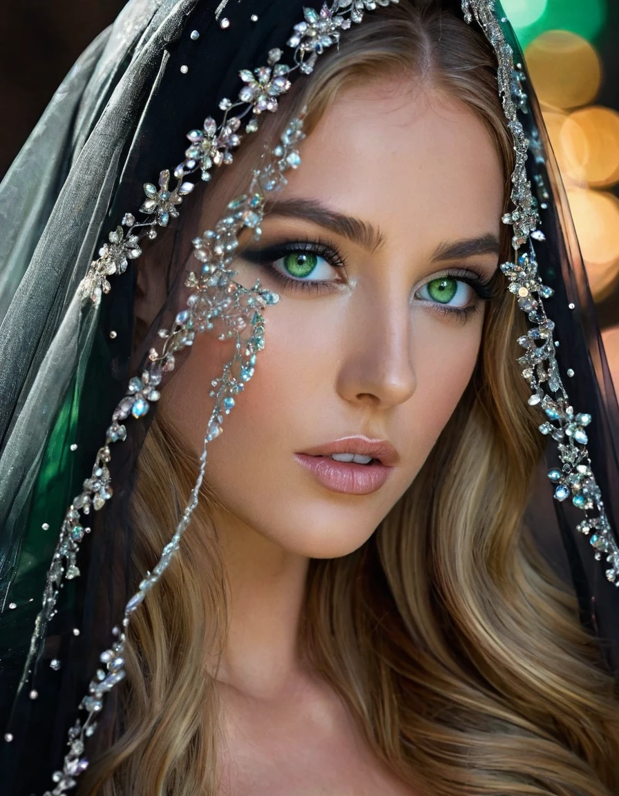 A beautiful woman, detailed green eyes, full mouth, flowing hair, wearing a black veil and matching black dress, adorned with small iridescent and transparent crystals. Crystals like tiny pearls are delicately scattered throughout the flowing hair, windblown veil and dress, catching the light and adding an ethereal, sparkling quality. Her long hair flows softly beneath the veil and her expression is serene and captivating. The cosmic background, with touches of colored lights and flowers, contrasts with the sparkling crystals, making her stand out as a mystical and enchanting figure, with the crystals reflecting subtle tones of color as they catch the light.
