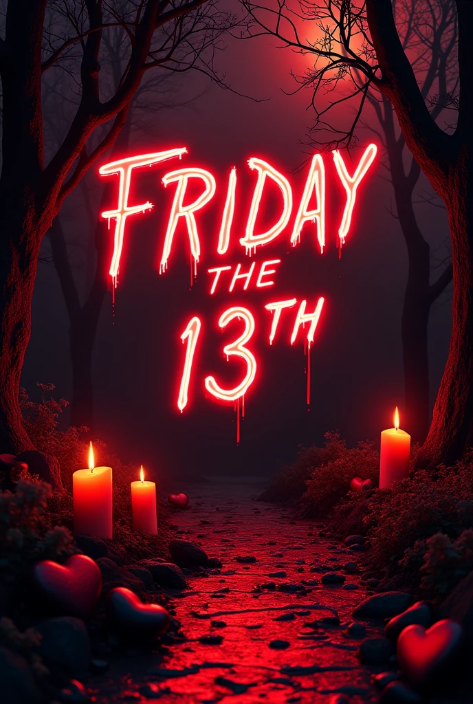 Make a party invitation with red and black colors, neon effect, The title will be Friday the 13th, There will be Hearts, broken hearts and blood on the sides, candles, remaining, tree branches, path of rocks, hearta and decorations
