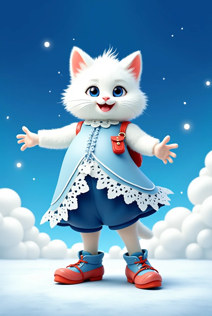 plush very fluffy cat, White wool, like a stoat, Stands on its hind legs, in a dark blue lace dress,blue shoes, red bag, blue doll eyes with big eyelashes, smiles with open mouth, speaks, moves his paws, spreading out the sides, 3D стиль, 8k , 4K, HD, clean background, style, I guess, votive