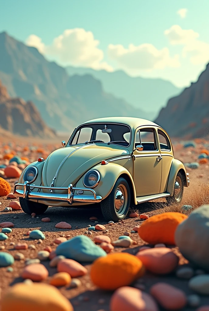 Beetle classic car in field of colorful rocks, windy day, 