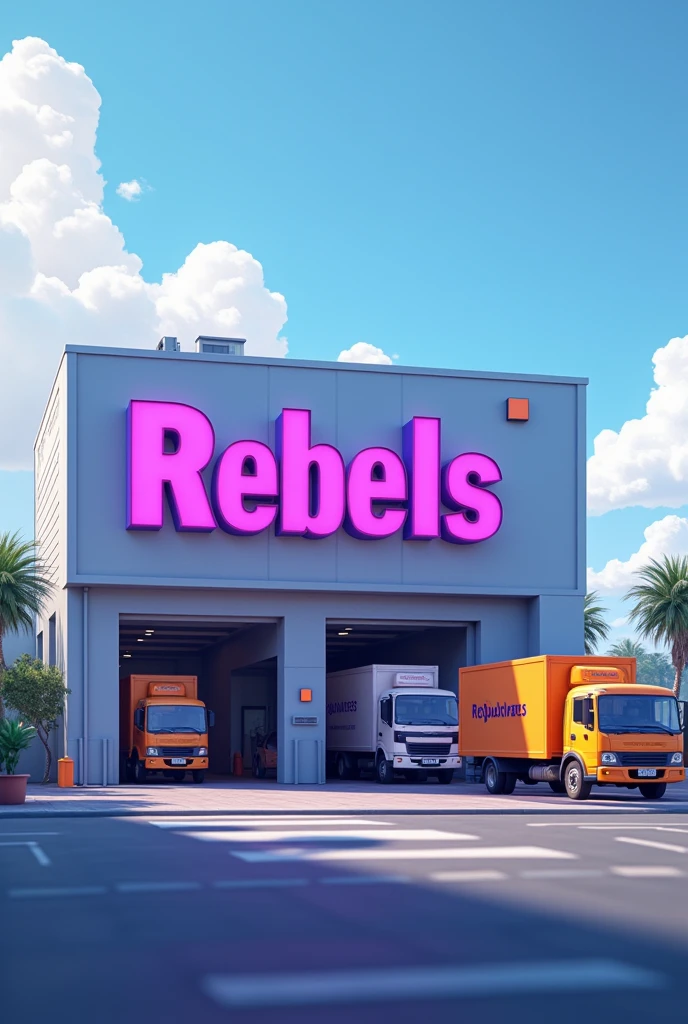 The building of a company called REBELS. 
Specifications: The name REBELS has to be purple, the source can be STICK The building can be simple and modern With a garage, delivery trucks leaving