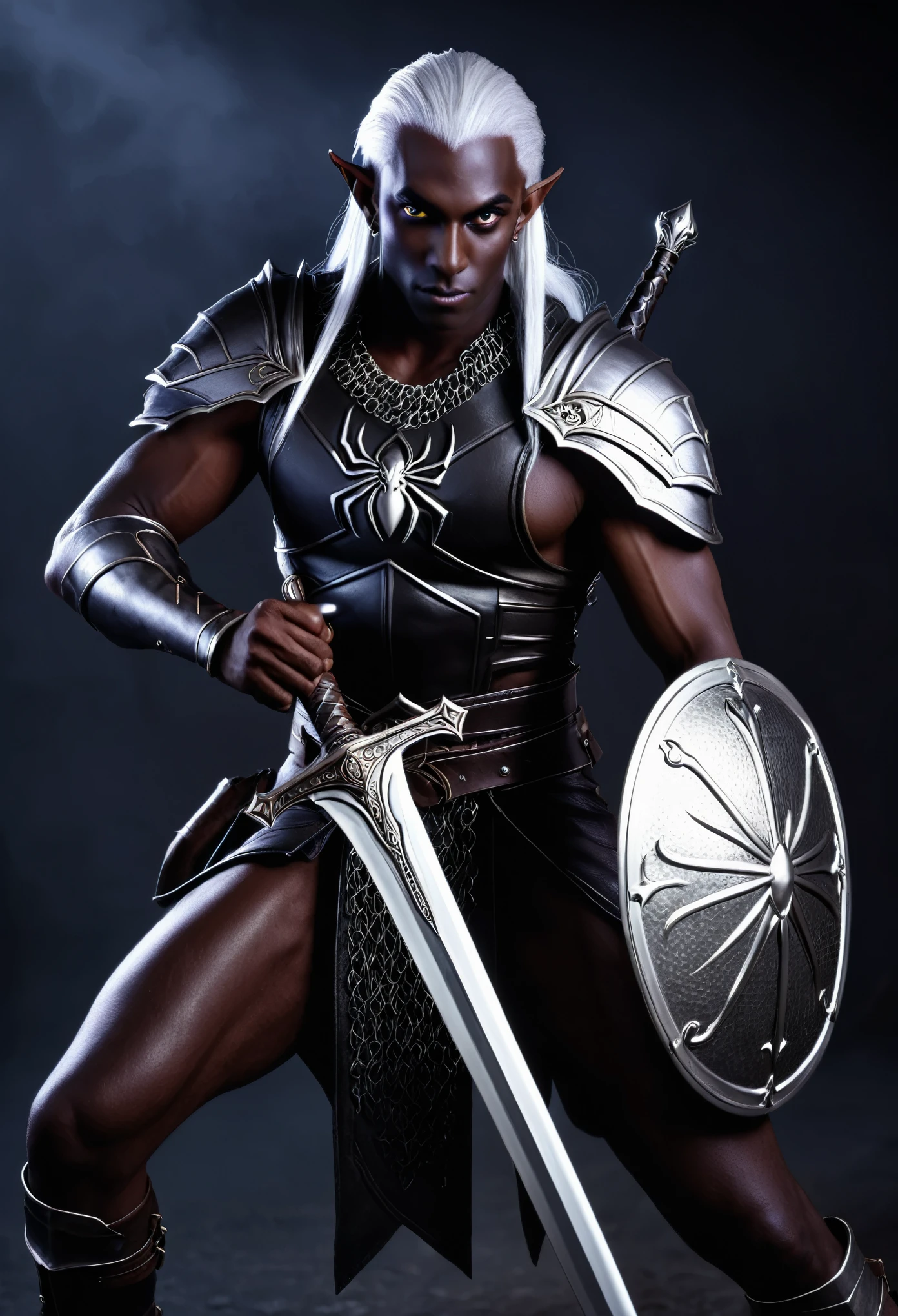 A dark elf rogue (male, pitch black skin, violet eyes, platinum hair, lean and muscular, wielding long sword and metal shield, chain mail, spider motif) is striking combat poses, deep magical dungeon