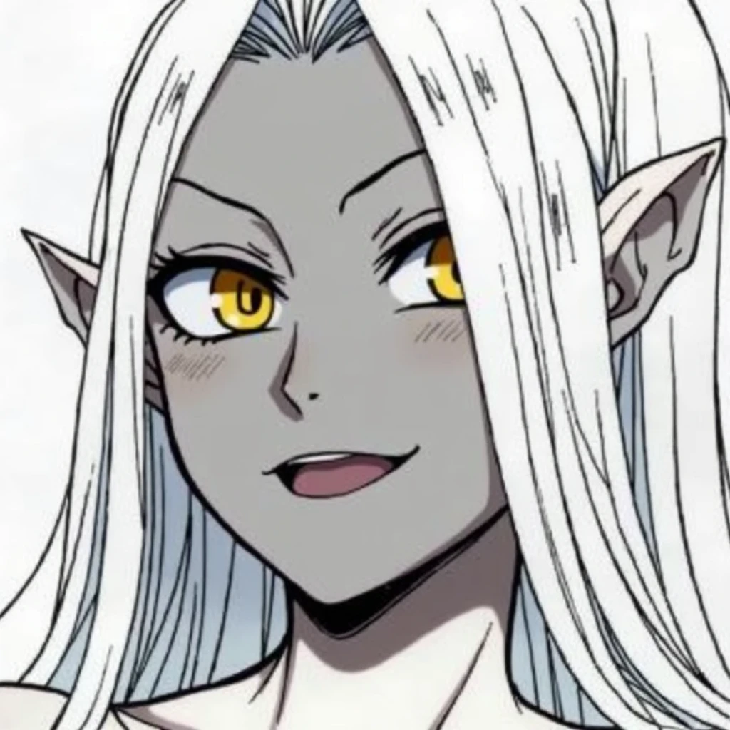 Anime version of JUJUTSU NO KAIZEN, A white woman, with a good figure, long black hair with thin white strands in the hair, bright yellow eyes, a very revealing blue-black fall and a short blue-black skirt ONE PERSON