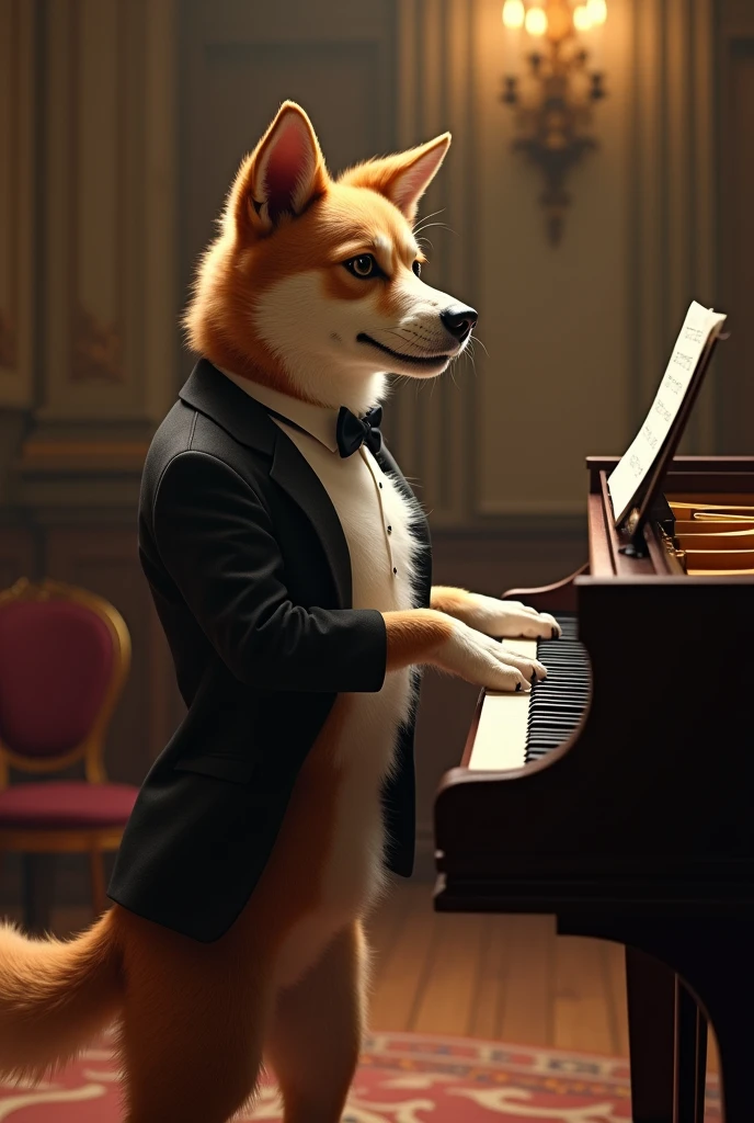 dog playing piano