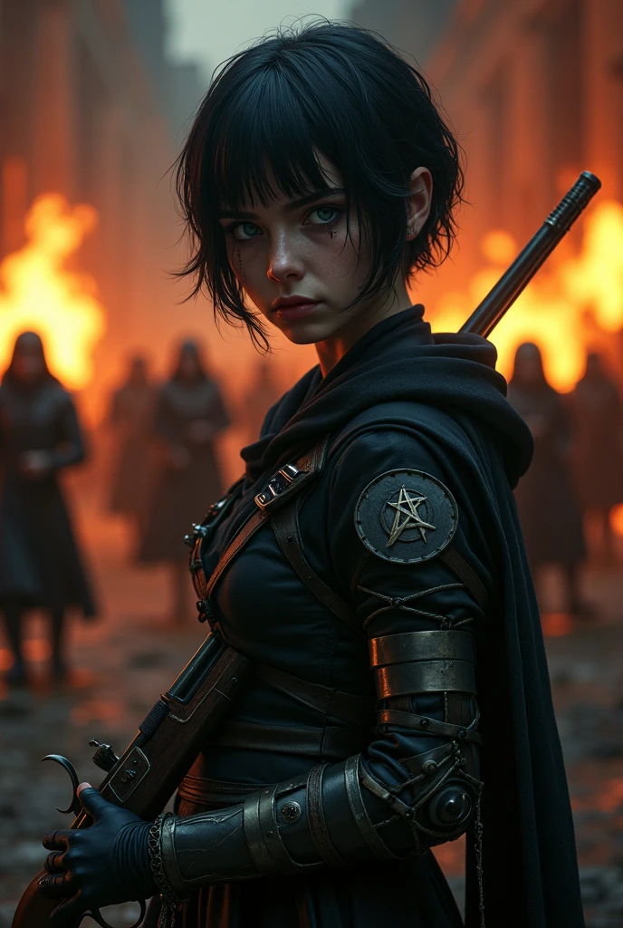 Pale girl with short black hair, from the realistic middle ages, blue colored eyes, dark clothes with detailed steampunk prosthetic arm, holding a flintlock pistol with a pentagram, cut on the face, the night, in the background an angry religious group with torches fire behind