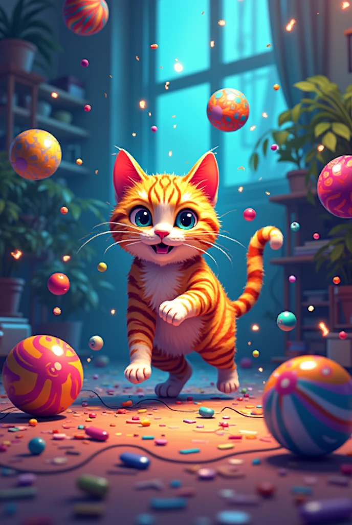 random colored pixel cat playing with lots of cat balls in a room full of computer