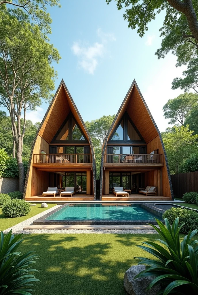 make an 2 building environment-friendly with a philippine-native vibe hotel. make it typhoon-proof, facing the beach, the roof is cone-shape like hut but have a modern aesthetic design. a function-hall in the side of thw two building, with a small kiosk for a mini bar and handcrafted souvenir. it should be sorrounded by yard and plants, with pool. it should give justice to our concept semi-eco-friendly hotel. each rooms in the building consists own balcony with a table intended for in-room dining experience to appreciate the nature around. siargao vibe.