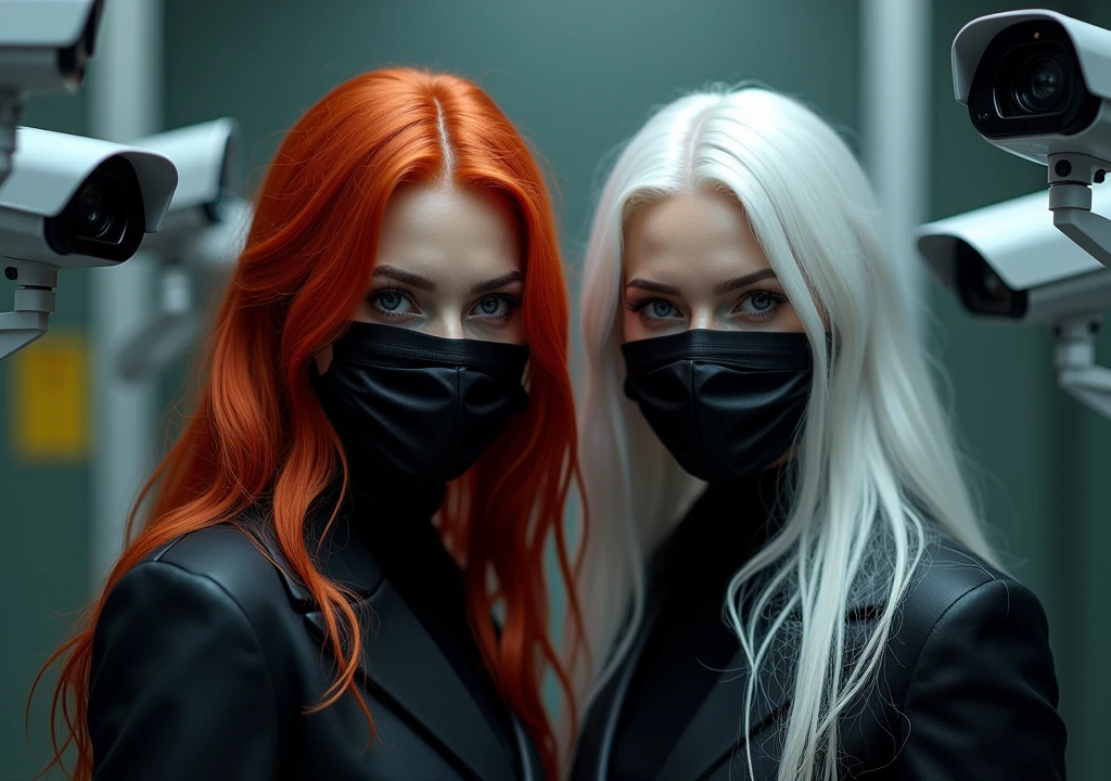 security cameras, showing the faces of two women, one redhead with a robbery mask and one with white hair with a robbery mask.