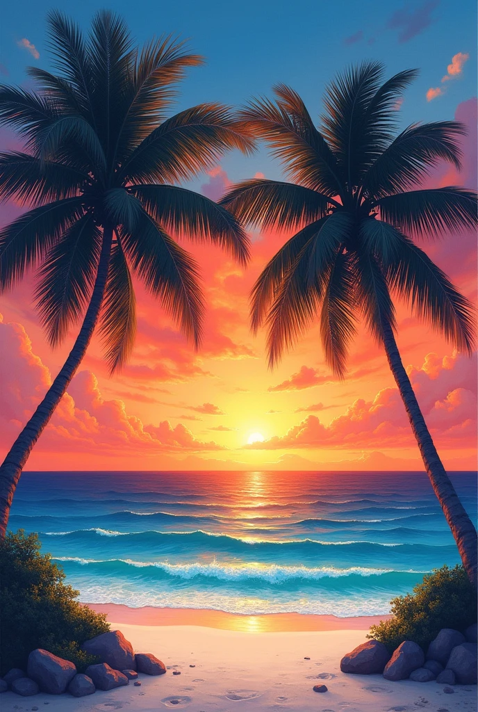 A beautiful painting of a beach during a pink and orange sunset. The sand is very white and the sea is very crystal clear. There are two palm trees, one on each side, and the sun is setting.