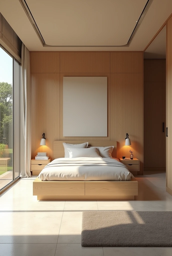 Modern youth room ,box bed s, super realistic render vray, minimalist washer , medium glass window , wide perspective , lateral view , matte floor , natural freijo wood headboard panel , luxury, Cinematic Soft Vray, Northeast of Brazil , high quality rendering, render vray, Smooth, studio-quality rendering, vray 8k rendering, very realistic 3D rendering, render in vray, very realistic render