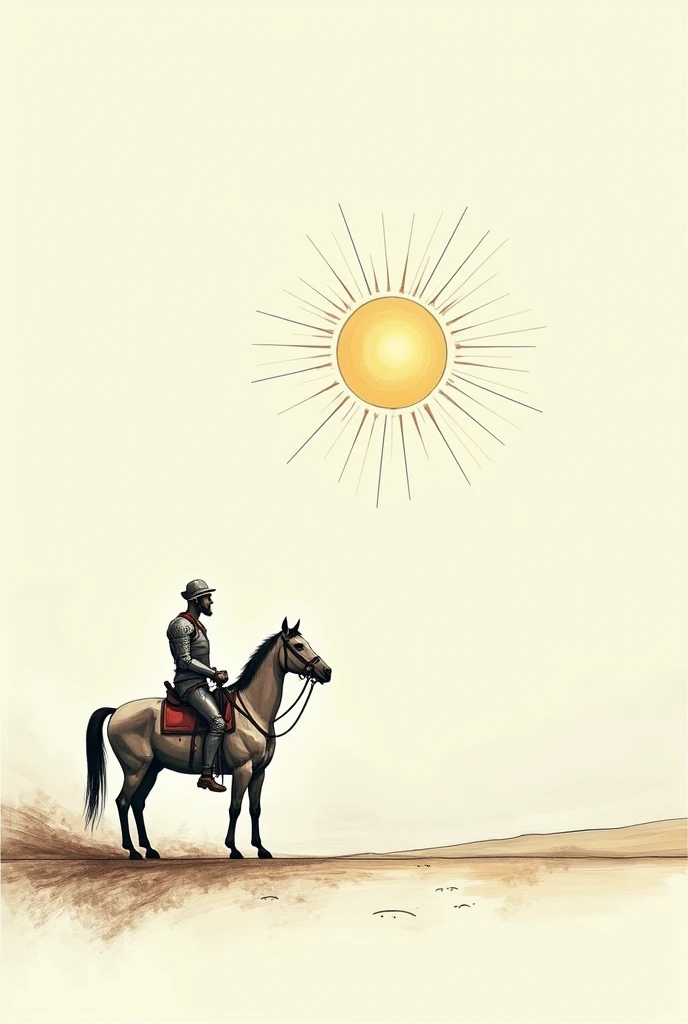 a horizontal drawing of a geometric Don Quixote on his horse looking at the sun