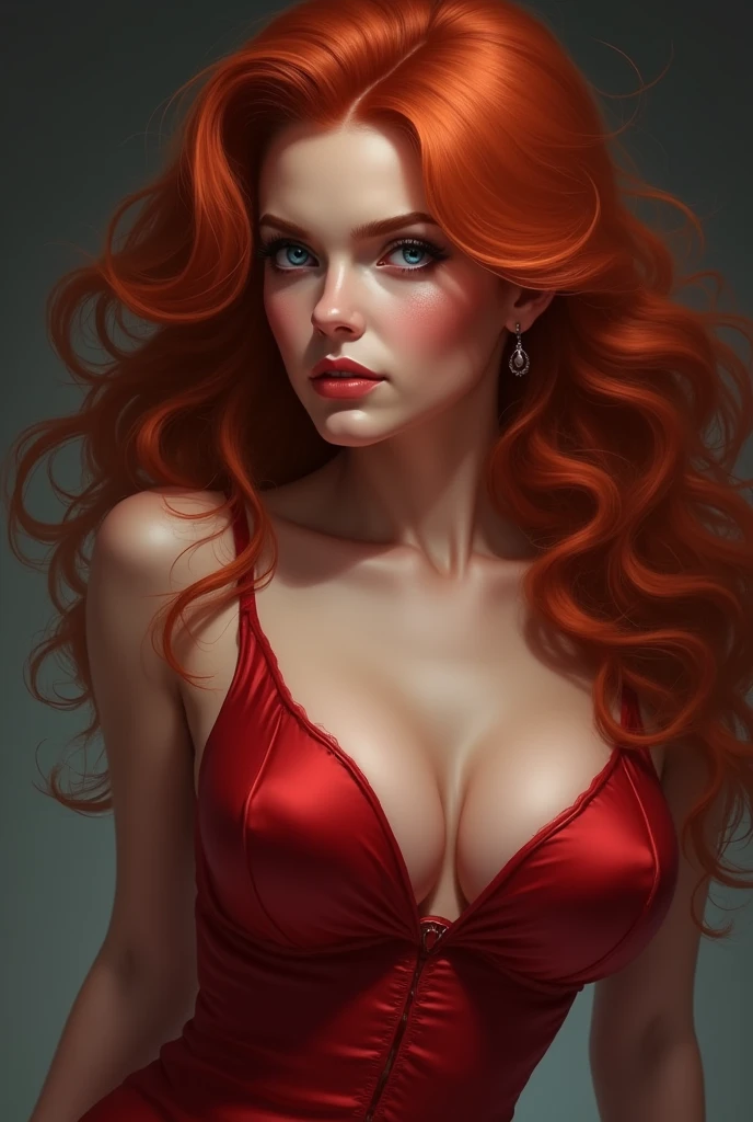 Create the image of a red-haired woman with blue eyes, large breasts, medium hair and a low-cut red outfit